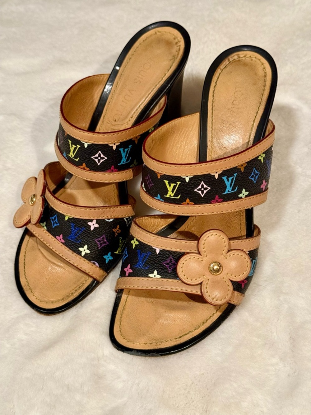 Louis Vuitton Black Multicolor Monogram Flower Mules Size 39 Vintage Authentic - Picture 2 of 10